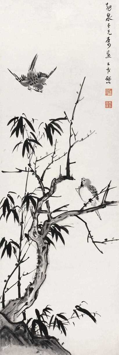 李研山 乙亥（1935）年作 梅竹双雀 立轴